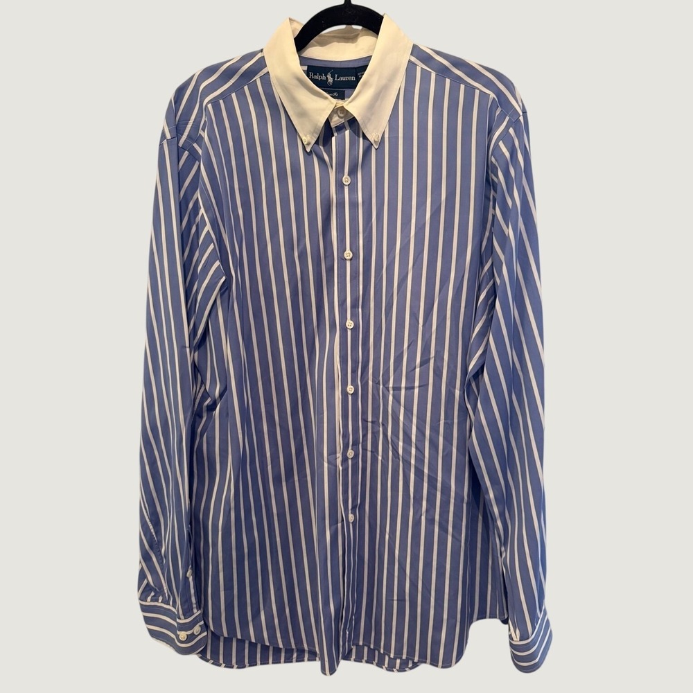 Polo Ralph Lauren Mens Classic Fit Striped Dress Shirt Blue White 16.5 L Cotton